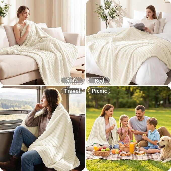 Cream White Blankets Queen Size for Bed, 90 x 90 Inch | 300GSM Ribbed Fleece Blanket, Soft, Cozy & Lightweight, OEKO-TEX Certified, All-Season for Bedrooms, Guest Rooms & Gifting