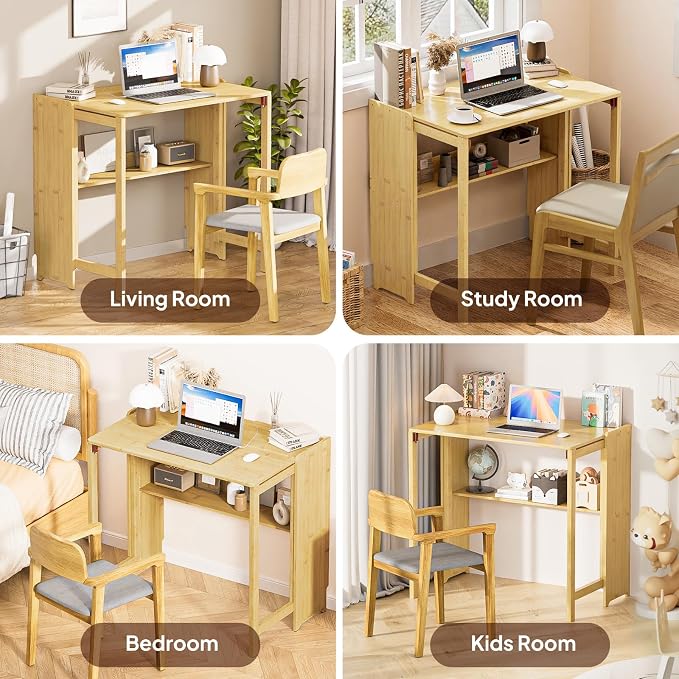 Bamboo Folding Desk for Small Spaces, Small Computer Foldable Desk, Natural | Space Saving Desk for Bedroom Home Office, Mid Century Sofa Table for Couch, Writing Work Office Desk