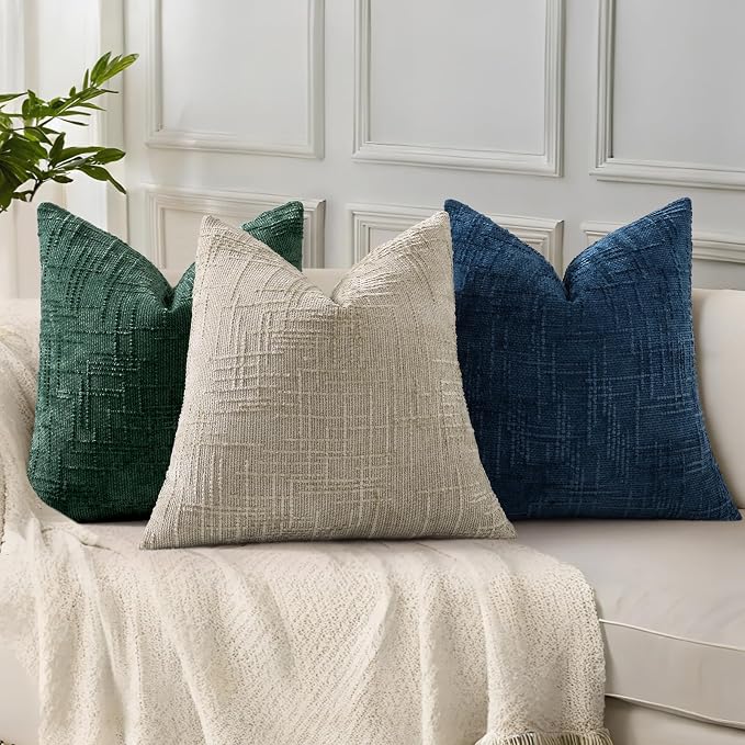 decorUhome Textured Chenille Throw Pillow Covers 16x16 Set of 2 Green | Fall Modern Farmhouse Soft Cozy Slubby Couch Pillow Cases Boho Decorative Pillow Cases for Bed Sofa Living Room Home Decor