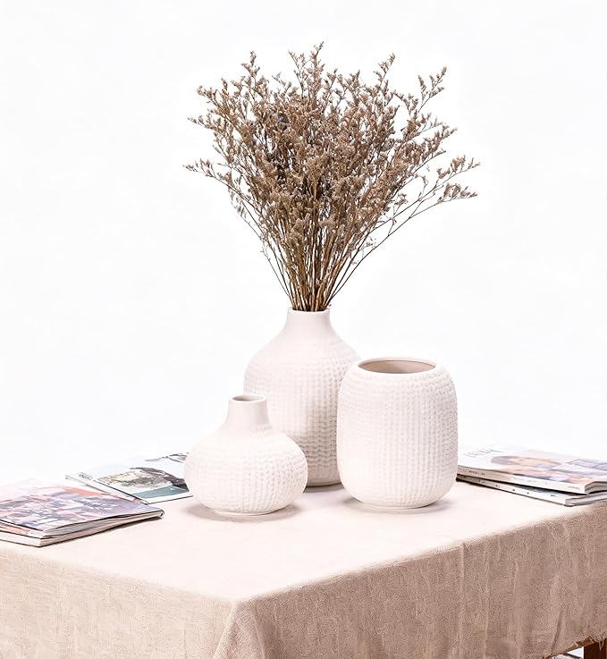 White Ceramic Vases for Decor, Weave Style Modern Minimalist Decorative Vase Set of 3 for Table Shelf, Bookshelf Decoration
