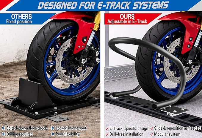 Heavy-Duty Steel 7" E-Track Motorcycle Wheel Chock,Adjustable Front Tire Stop for E-Track & X-Track Systems for Trailer & Cargo Transport Use (1 Pack)
