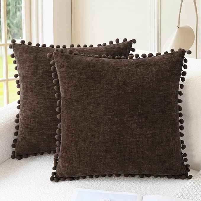 CaliTime Decorative Couch Throw Pillow Covers 16 X 16 Inches Coffee | Pack of 2, Cozy Chenille Cushion Cases, with Pom Poms for Sofa Bed Living Room Farmhouse Home