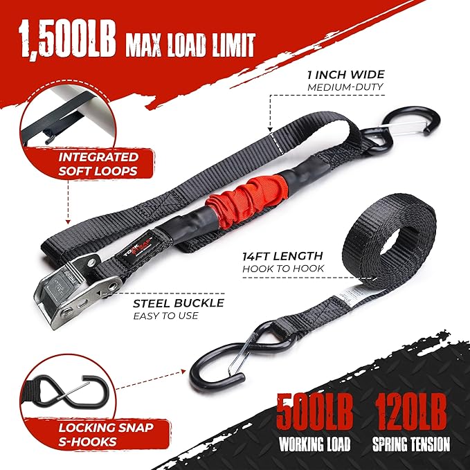 TorkStrap 14' x 1'' Self Tensioning Tie Down Straps [Patented] - Automatically Adapt to Load Shifts - 1,500LB Break Strength - Pull Alternative to Ratchet Straps - Integrated Soft Loops & Hooks (2-PK)