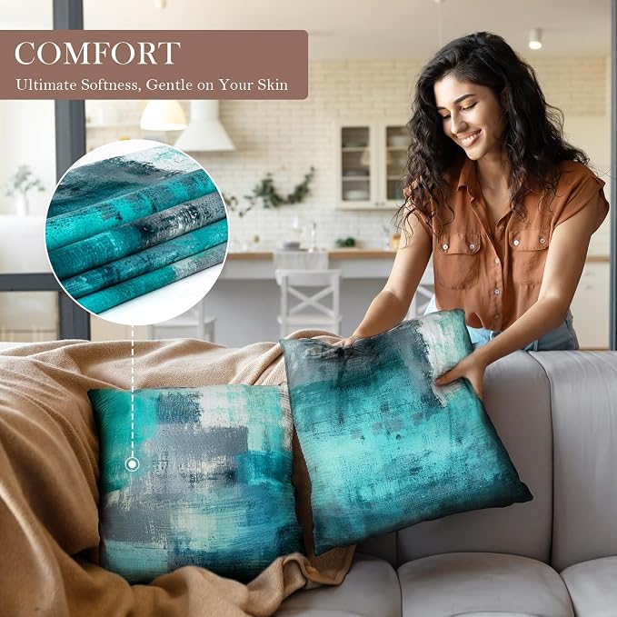 Teal Abstract Throw Pillow Covers 20x20 Set of 4 | Turquoise & Grey Modern‑Art Cushion Covers, aesthetic accent pillowcases for sofa, bedroom & chair.