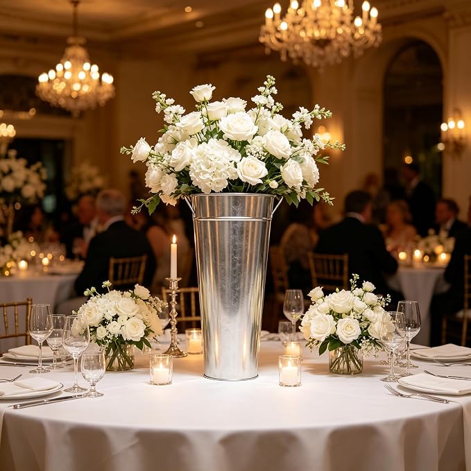 Hosley Set of 3 Galvanized French Bucket Vase with Handles 6"Dx15"H - Perfect for Weddings, Parties, Country Picnics, Floral Arrangements, Tableware Storage, or Candle Gardens - Rustic Farmhouse Décor