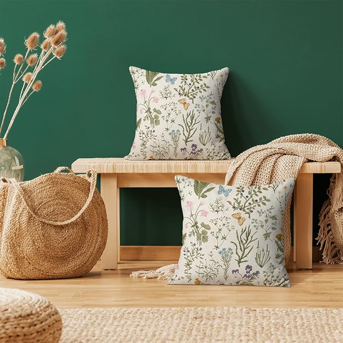 AEIOAE Spring Sage Green Wild Flower Pillow Covers 16x16 Set of 2 | Plant Throw Pillows Case,Seasonal Floral Outdoor Decorative Linen Farmhouse Decor Cushion Covers for Home Sofa Bed Couch