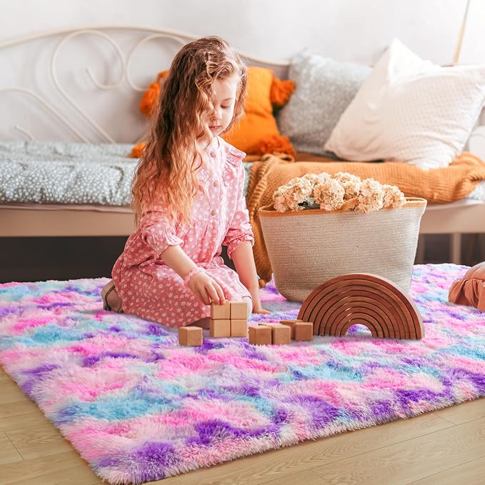 Tepook Pink Blue Purple Area Rug for Girls Room, Fluffy 8x10 Cute Soft Colorful Kids Rugs for Bedroom Dorm Classroom Nursery Playroom, Fuzzy Shaggy Rainbow Princess Carpet for Toddler Home Decor