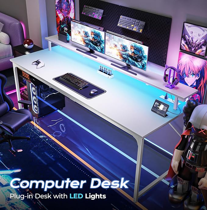 PRAISUN 63 inch Gaming Desk, LED & Power Outlets, Monitor Stand, White | Sturdy PC Desk for Home Office, Study & Work, LED Lights, 4 AC Outlets & USB-C Charging Station