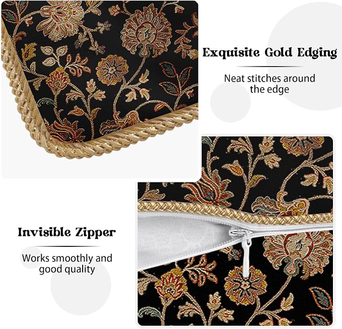 Vintage Tapestry Floral Soft Velvet Throw Pillow Covers Set of 2 Black Brown Bohemian Boho Carpet Flowers Decorative Pillow Covers 18x18 Inch Rustic Retro Rug Pillow Case For Sofa Couch Home Decor