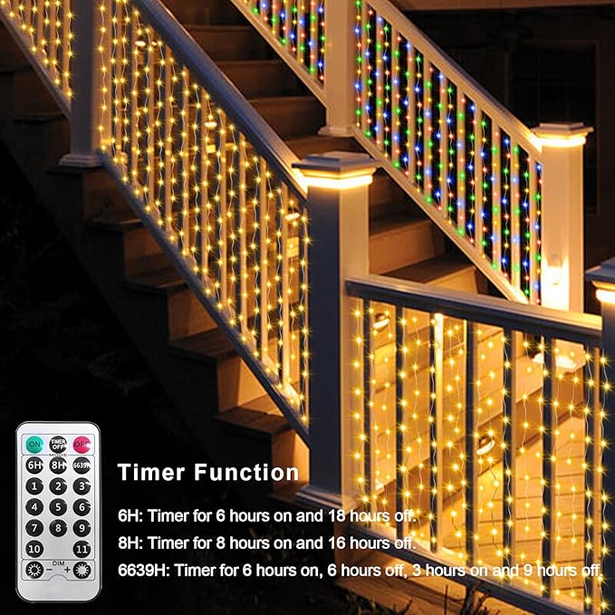 ZAIYW Curtain Lights Outdoor 20Ft×3Ft, 300 LED Color Changing Fence String Lights with Plug Remote, Waterproof Light Curtain for Stair Railing Eaves Decor (Warm White & Multicolor)