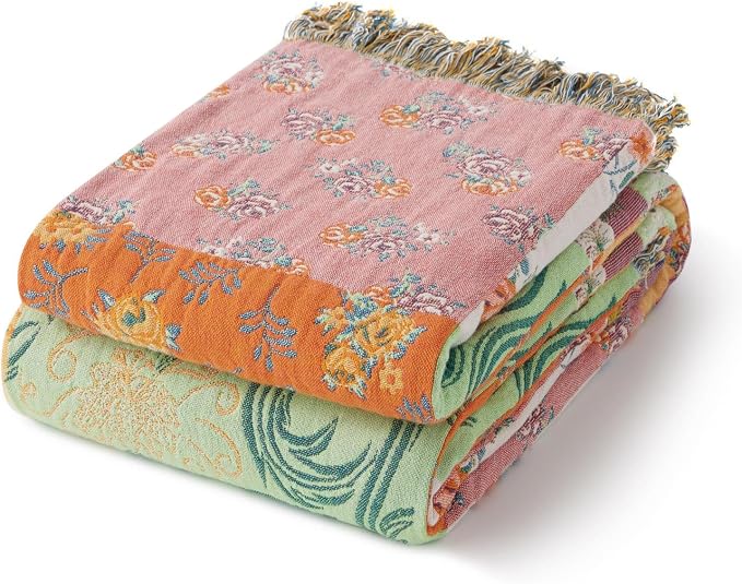 RILIHO 100% Cotton Boho Throw Blanket for Home Decor – Classic Farmhouse Quilt Bedding, Muslin Blankets for Adults, Vintage Woven Decorative Blanket for Couch, Bed Layering Use, Patchwork, 60"x80"