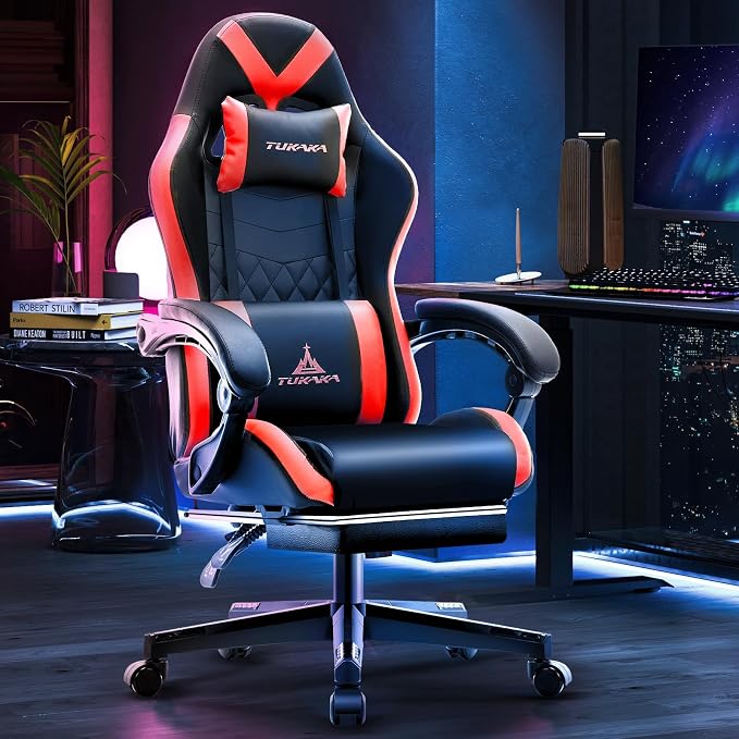 Gaming Chair,Ergonomic Massage Office Desk Chair with Footrest,Red | Pocket Spring Cushion,Reclining,Thick High Back,Headrest and Lumbar Support,Adjustable Leather Computer Chair Gamer Chair