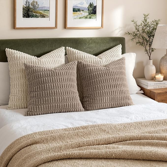 MIULEE Pack of 2 Corduroy Decorative Euro Sham Throw Pillow Covers 24x24 Inch Soft Boho Striped Pillow Covers Modern Farmhouse Home Decor for Sofa Living Room Couch Bed Light Brown