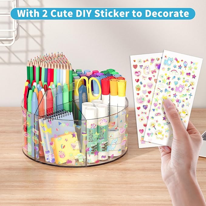 Acrylic Pen Holder for Desk Organizer Holder with 2 Adhesive DIY Stickers | Marker Holder Organizer with 2 Cute Sticker, 360 Degree Office Supply Organizer Clear Pencil Holder for Kid 6 Compartments