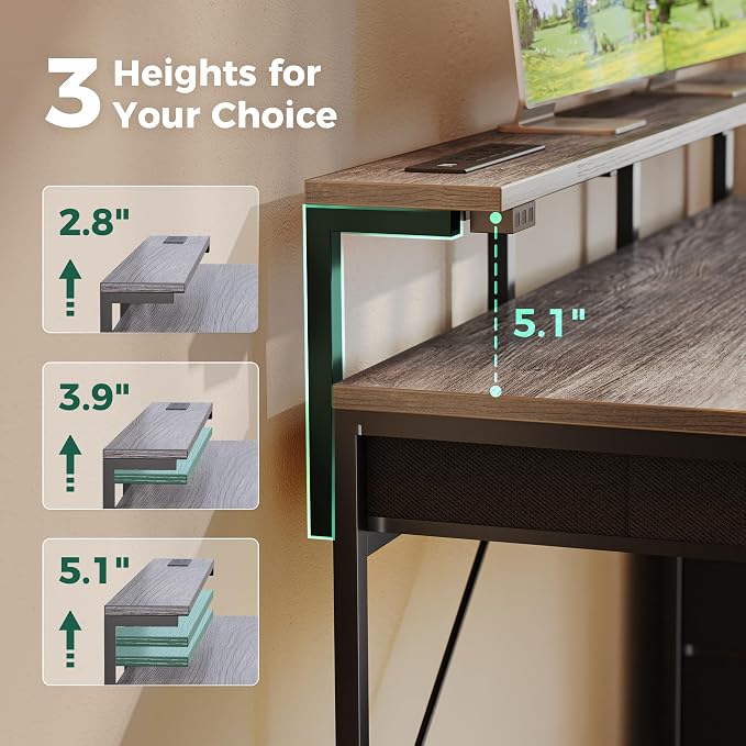 Huuger Gaming Desk with 6 Drawers, Computer Desk with LED Lights Power Outlets and Type-C, 47 Inch Office Desk with Storage, Monitor Stand, Writing Work Desk Home Office, Bedroom, Study, Grey