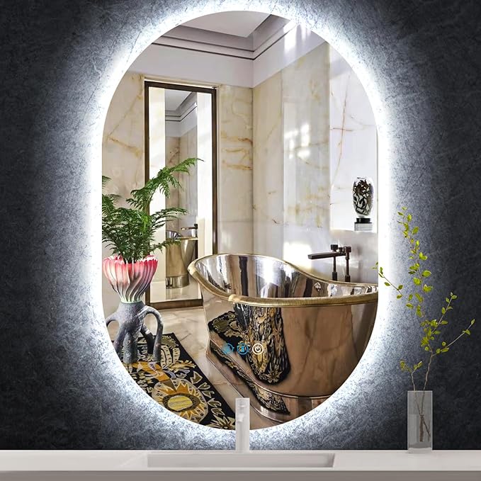 40 x 24 Inch Oval LED Backlit Mirror for Bathroom Salon Wall Horizontal/Vertical Mounted Antifog Smart Memory 3 Color 40 Inch Backlit Frameless LED Oval Lighted Vanity Mirror with Lights