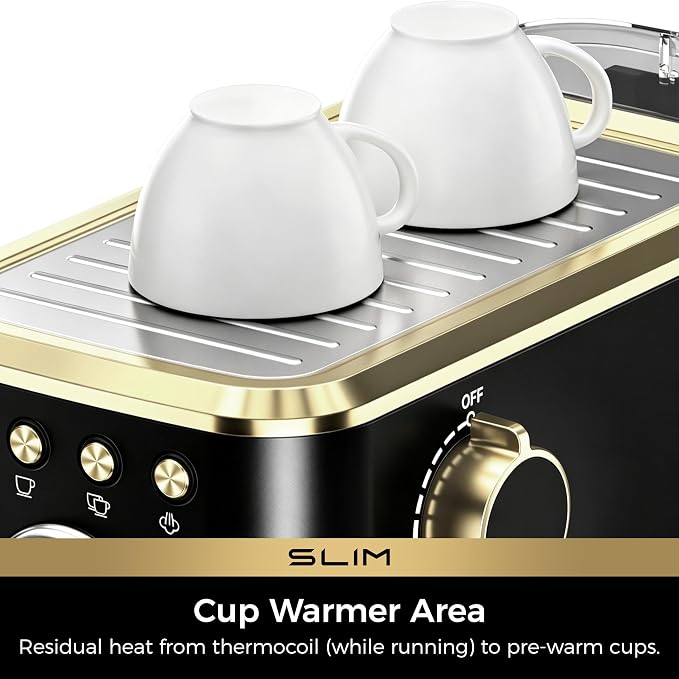 CHULUX Slim Espresso Machine with Milk Frother for Home Latte, Black & Gold | Precise Pressure Gauge, Food-Grade Materials, 20 Bar Italian Pump, Professional Temperature Control System, Stainless Steel