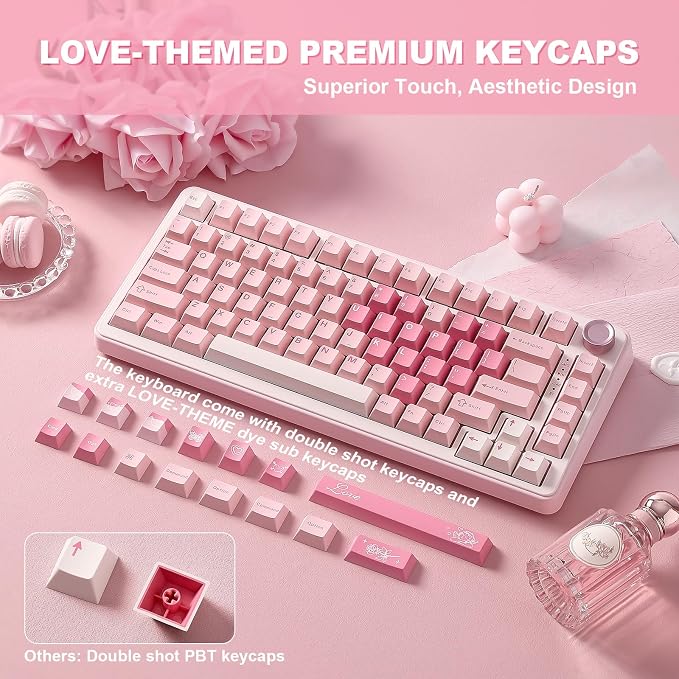 YUNZII B75 PRO 75% Wireless Mechanical Keyboard (Pink, Cocoa Cream V2) | Hot Swap Keyboard with Knob, Gasket Mount, Creamy Pre-lubed Switch for Smooth Typing, BT/USB-C/2.4G, for Gaming