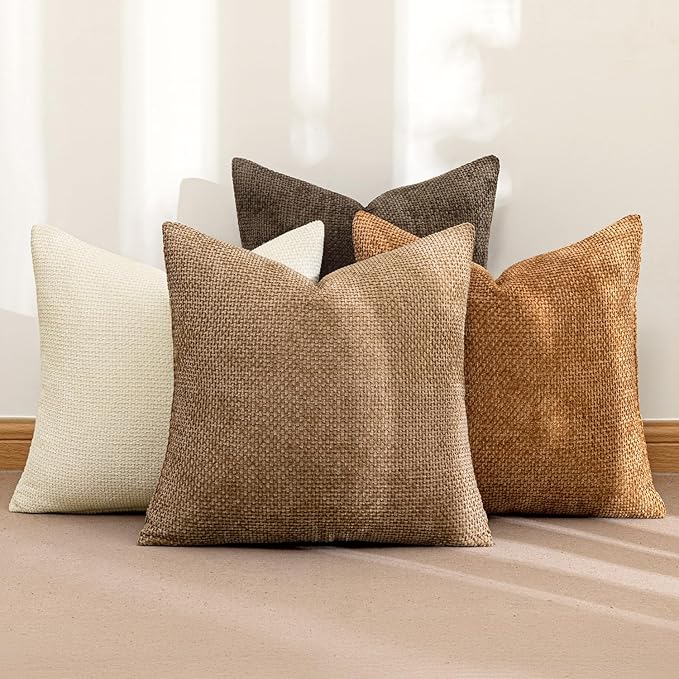 MIULEE Pack of 4 Brown Couch Throw Pillow Covers 24x24 Inch Soft Decorative Chenille Pillows Farmhouse Accent Cushions for Boho Fall Home Decor Sofa Bedroom Living Room