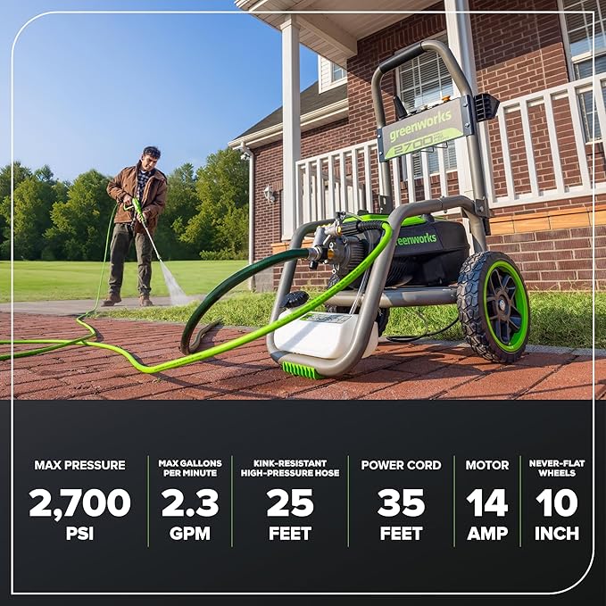 Greenworks Pro Brushless 2700 PSI (CSA Certified) 2.3 GPM Max / 1.2 GPM Electric Pressure Washer (Foldable Handles, Rugged Steel Frame, 25 FT Hose, 35 FT GFCI Power Cord)