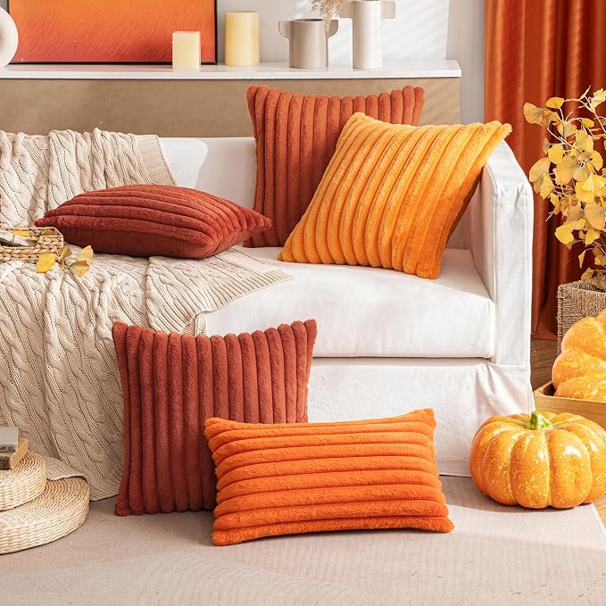 MIULEE Fall Faux Fur Decorative Throw Pillow Covers 18x18 Set of 2 Rust | Vintage Boho Modern Soft Plush Couch Pillows, Cozy Fluffy Cushion Covers for Sofa Bed Living Room Home Decor