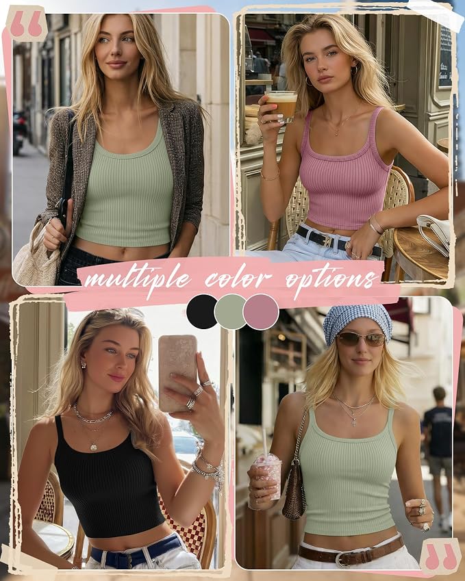 Ficerd 3 Pack Women's Tank Tops 95% Cotton Spaghetti Strap Ribbed Crop Camisole Slim Fitted Basic Summer Sleeveless Layer