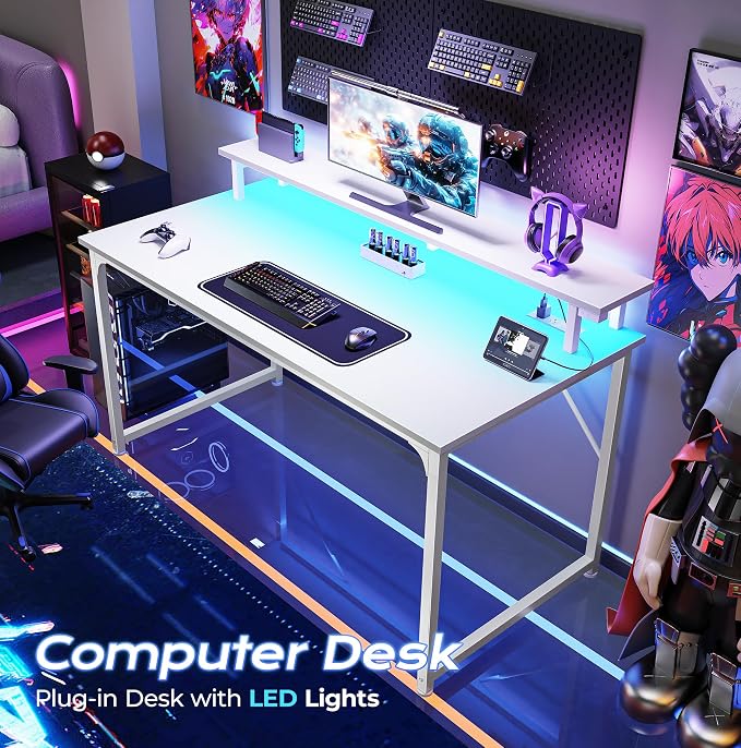 PRAISUN 40 inch Gaming Desk, LED & Power Outlets, Monitor Stand, White | Sturdy PC Desk for Home Office, Study & Work, LED Lights, 4 AC Outlets & USB-C Charging Station