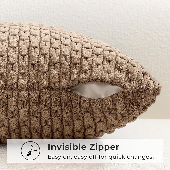 Kevin Textile Soft Corduroy 12"x24" Lumbar Pillow Cover 1 Pack, Khaki | Boho Stripe Plush Corduroy Decorative Oblong Cushion Cover Modern Farmhouse Home Decor for Sofa Couch Bed Chair