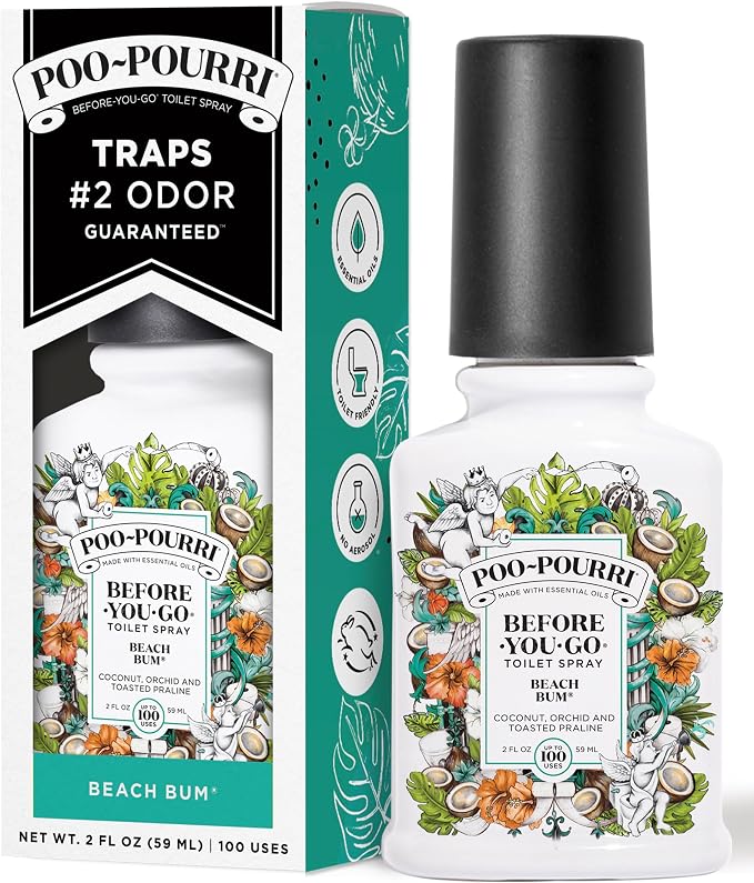Poo-Pourri Before-You-Go Toilet Spray, Beach Bum, 2 Fl Oz, Up to 100 Uses, Bathroom Odor Deodorizer with Essential Oils for Home or Work, Travel Essentials, TSA Approved Size, Coconut, Orchid Scent