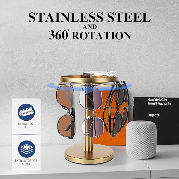 kondyfayo 360° Rotating Sunglass Organizer Storage, Stainless Steel Glasses Holder Stand, Glasses Organizer with Tray for Desk, Dresser, Tabletop, Nightstand and Home Decor (Gold) | Stainless Steel Stand with 360 Rotation Holds 9 to 12 Pairs. Top Tray ...