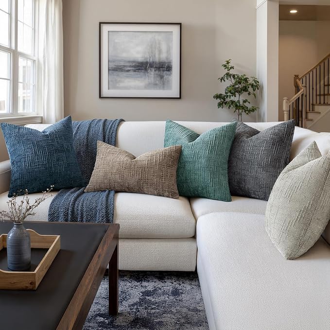 MIULEE Chenille Textured Throw Pillow Covers Teal 20x20 Set of 2 | Slubby Decorative Pillows, Boho Farmhouse Home Decor, Modern Neutral Cushion Covers for Couch Sofa Bed Living Room