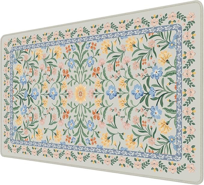 iCasso Aesthetic Flower Mouse Pad,23.6x13.7in, Green Floral | Desk Pad Mat, Desk Matt for Desktop Anti-Slip Mousepad with Stitched Edges for Laptop Computer Keyboard