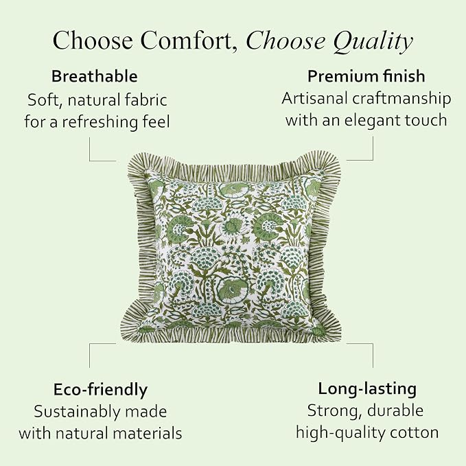 CPC Block Print Ruffle Throw Cover Agate Green 24"x24" Inch Pack of 2-100% Cotton Ruffle Couch Decorative Boho Pillows Case for Living Room, Bedroom, Sofa, Farmhouse Gift for Spring, Mother's Day