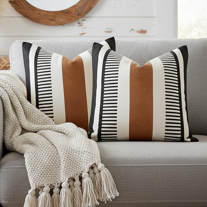 Pack of 2 Farmhouse Throw Pillow Covers for Couch Sofa Decorative Faux Leather Square Cushion Cover Tribal Stripe Accent Pillow Case 18 x 18 Inch,Black