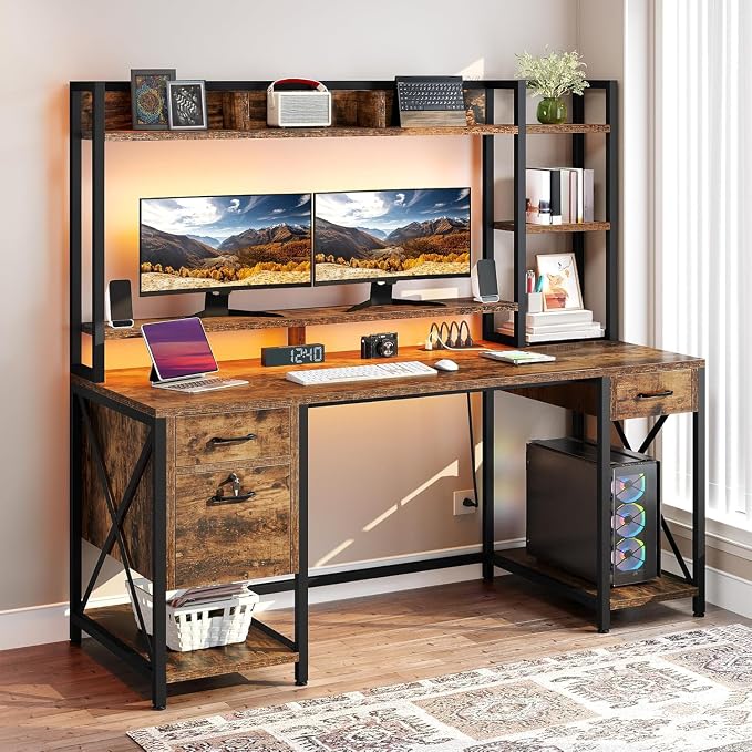 DWVO Computer Desk with Drawers & Hutch, 59.1" Office Desk with Power Outlets & LED Lights, Home Office Desk with Storage Shelves, Rustic Brown | Built-In Power Outlets, Led Lights, Hutch Shelves, Storage Drawers, for Home Office Work Study, Easy Assembly