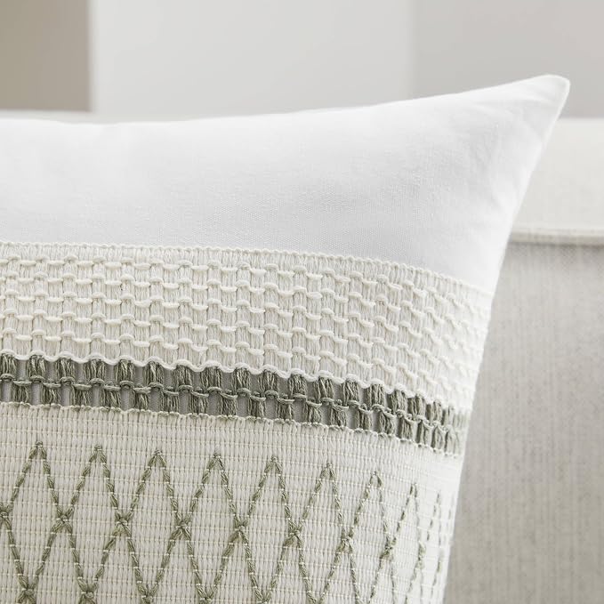 2pk Boho Pillow Covers 18x18, Natural White/Grid/Green | 100% Organic Cotton Body, Stripe Embroidery, Farmhouse Decorative Cushion Covers for Sofa Bed Living Room Home Decor