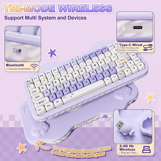 YUNZII C75 Cute 75% Wireless Mechanical Keyboard (Purple, Milk V2 Switch) | Creamy Cake Keyboard, BT5.0/2.4G/USB-C, Hot-Swap, NKRO, PBT MOA Keycaps,5500mAh RGB Gasket Mount for Mac/Win/Gaming/Office