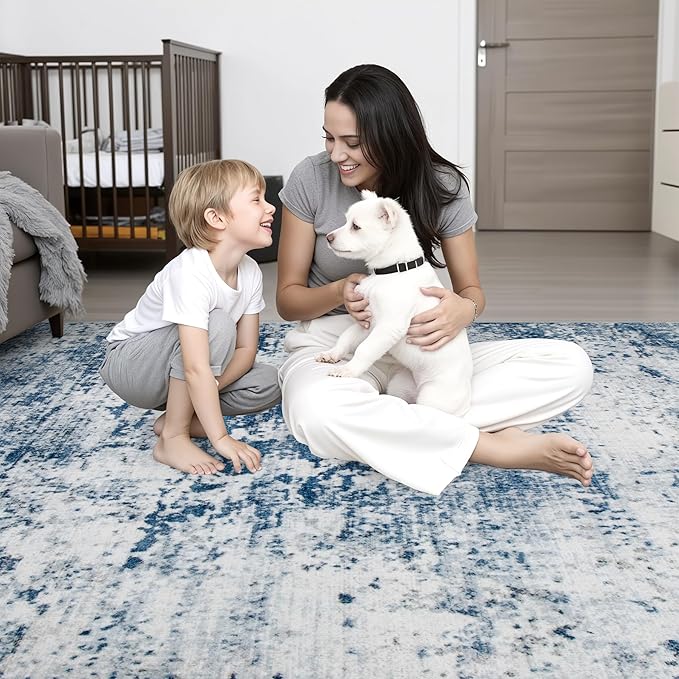Washable Area Rug 3x5 Entryway Rug: Washable Modern Abstract Soft Thin Rug Indoor Floor No Slip Stain Resistant Carpet for Bedroom Dining Room Farmhouse Nursery Home Office - Blue