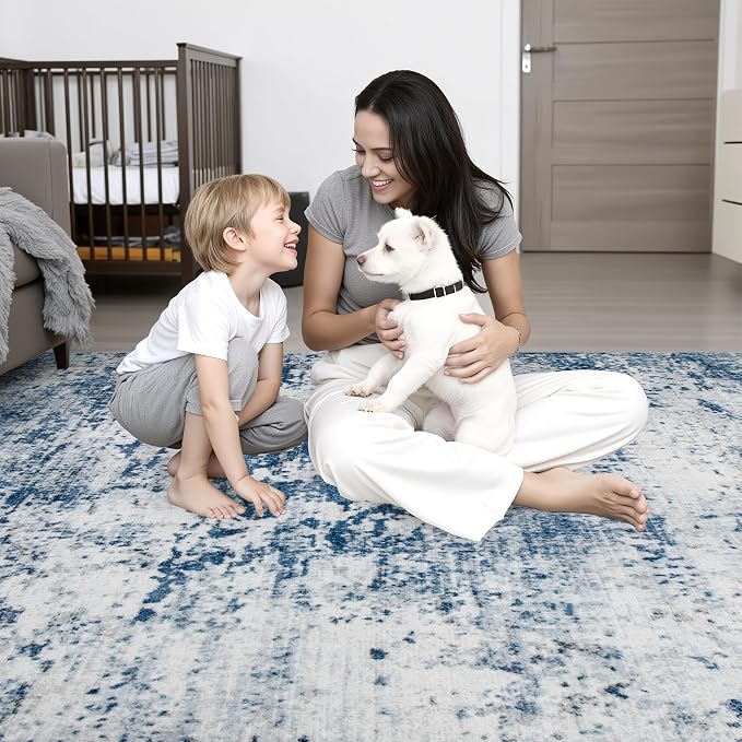 4x4 Area Rug Living Room Rug: Washable Modern Abstract Soft Thin Rug Indoor Floor No Slip Stain Resistant Carpet for Bedroom Dining Room Farmhouse Nursery Home Office - Blue