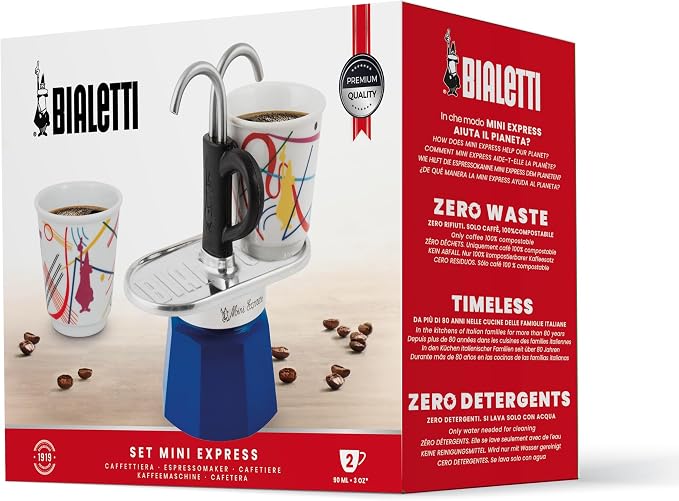 Bialetti - Mini Express Kandinsky: Moka Set includes Coffee Maker 2-Cups (2.8 Oz) + 2 shot glasses, Light Blue, Aluminum