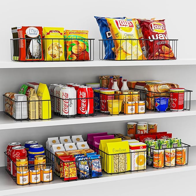 Joben Oligey 12 PACK (3 Szie) Small Wire Storage Baskets for Organizing,Pantry Organization Bins for Cabinets, Metal Basket for Kitchen, Bathroom Organizer (Black)