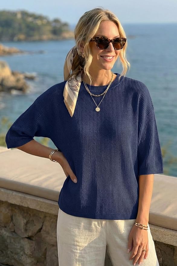 Arach&Cloz Womens Summer 100% Cotton Oversized Crochet Tops 3/4 Length Sleeve Sweater Hollow Out Casual Blouses 2026