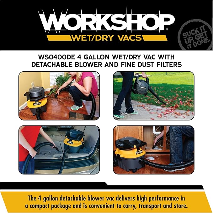 WORKSHOP Wet/Dry Vacs Shop Vacuum WS0400DE 4-Gallon 6.0 Peak HP Portable Wet Dry Vacuum Cleaner with Detachable Leaf Blower, Filters, Bag, Hose and Attachments for Indoor/Outdoor Cleaning and Blowing