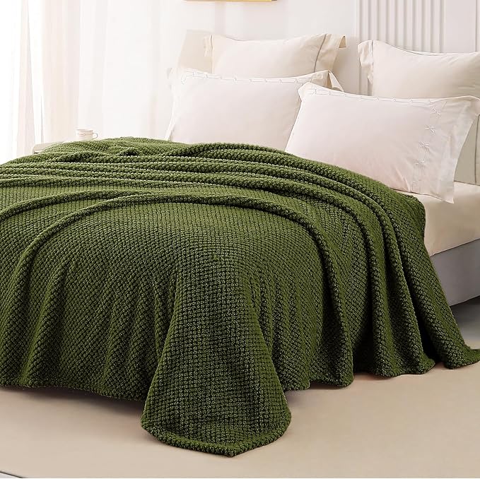 Whale Flotilla Soft Fleece King Size Bed Blanket, Olive | 90x104 Inch, Suitable for Bed, Fluffy Fuzzy Jacquard Blankets for All Season, Lightweight and Cozy