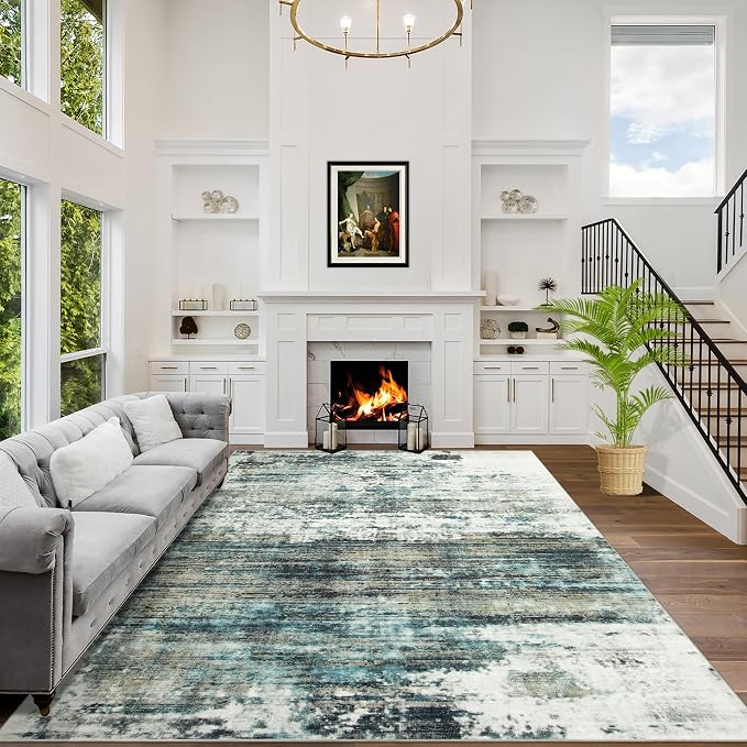 10x14 Area Rugs Washable Rug: Modern Abstract Living Room Rug Soft Anti-Skid Thin Carpet Indoor Floor Non-Shedding Carpets for Bedroom Dining Room Farmhouse Nursery Home Office Green Multi