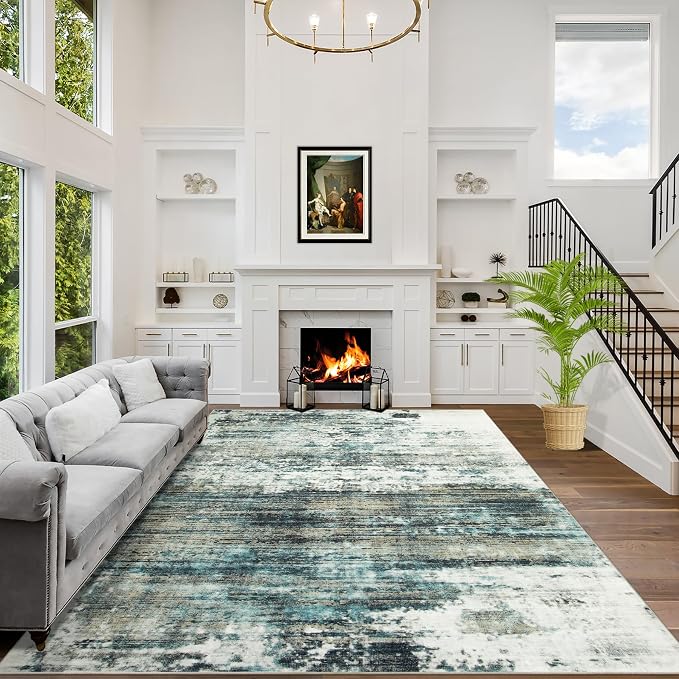 9x12 Area Rugs Washable Rug: Modern Abstract Living Room Rug Soft Anti-Skid Thin Carpet Indoor Floor Non-Shedding Carpets for Bedroom Dining Room Farmhouse Nursery Home Office Green Multi
