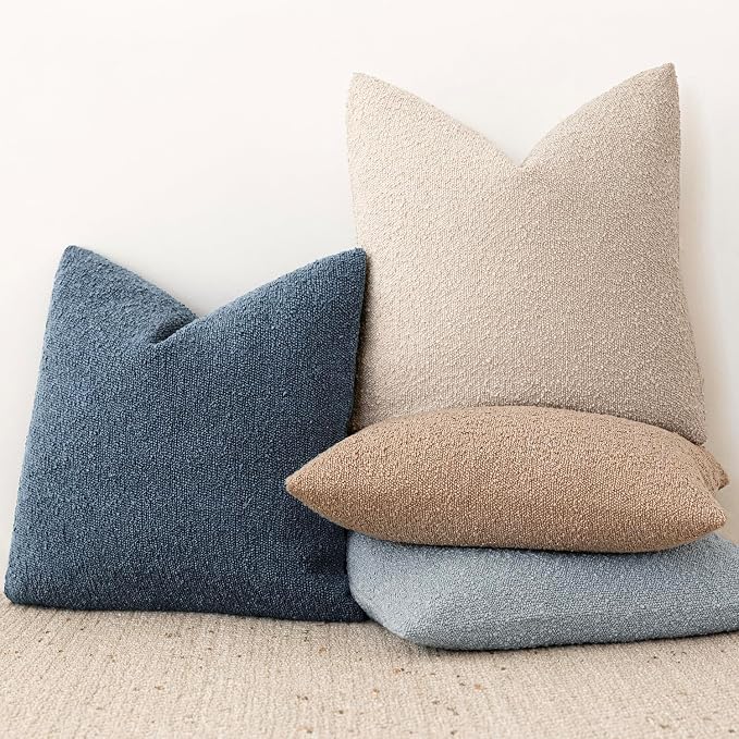 Foindtower Pack of 2, Decorative Textured Boucle Throw Pillow Covers Accent Solid Pillow Cases Cozy Soft Couch Cushion Case for Chair Sofa Bedroom Living Room Home Decor 22x22 Inch Dark Blue