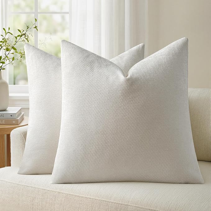 a moment Pack of 2 Decorative Chenille Throw Pillow Covers with Twill Cushion Covers for Sofa Living Room Couch Bed 20x20 Inch Raw White