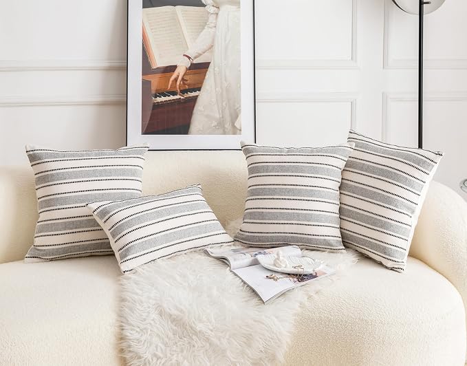 Cethom Decorative Boho Throw Pillow Covers, Farmhouse Textured Pillow Case, 20 x 20 Inch Set of 2, Chair Sofa Bedroom Living Room Home Decor Couch Cushion Case, Black and Beige Striped