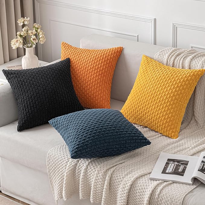 MIULEE Fall Decorative Throw Pillow Covers 20x20 Orange Textured Corduroy | Pack of 2 Striped Pillow Covers Modern Farmhouse Autumn Home Decor for Couch Bed Sofa Living Room